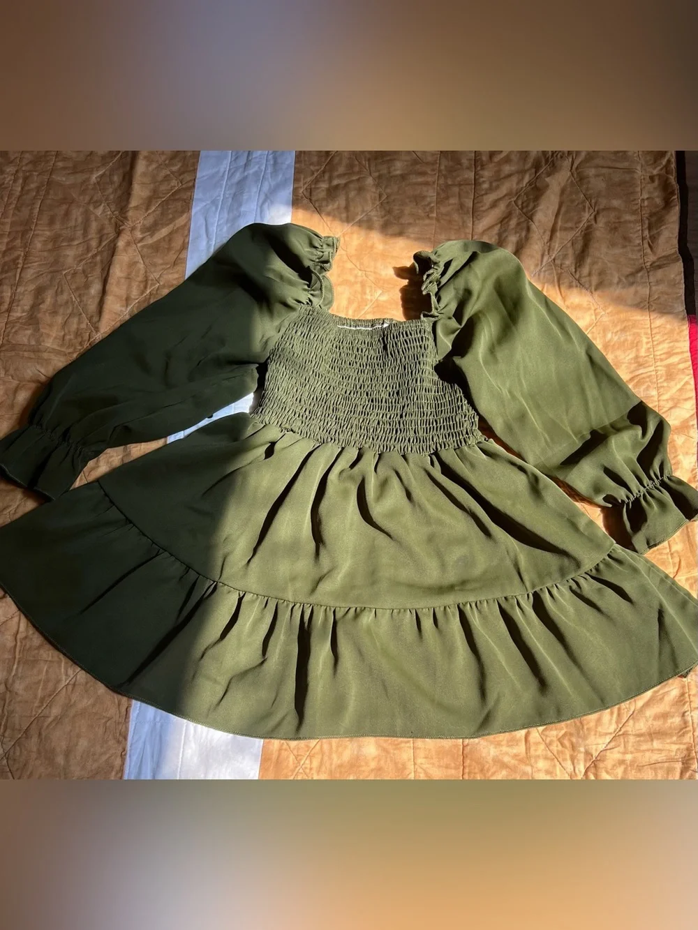 Justice Olive Green Smocked Puff Sleeve Dress